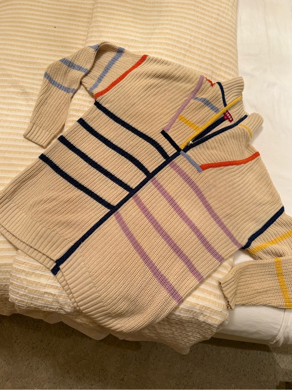 STAUD Cream Zip-Front Sweater with Multicolor Stripes